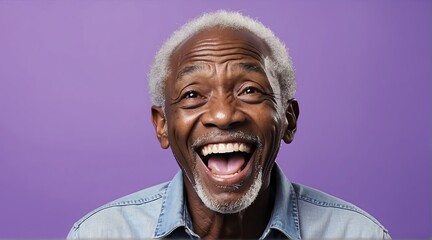 young black african elderly man on plain bright purple background laughing hysterically looking at camera background banner template ad marketing concept from Generative AI