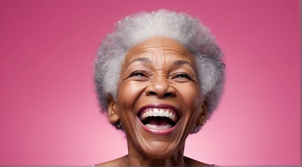 young black african elderly woman on plain bright pink background laughing hysterically looking at camera background banner template ad marketing concept from Generative AI - obrazy, fototapety, plakaty