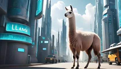 Fotobehang A Llama In A Futuristic City © Aroa