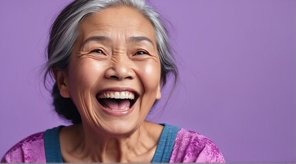 young filipino elderly woman on plain bright purple background laughing hysterically looking at camera background banner template ad marketing concept from Generative AI