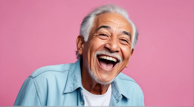 young hispanic elderly man on plain bright pink background laughing hysterically looking at camera background banner template ad marketing concept from Generative AI