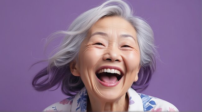 young japanese elderly woman on plain bright purple background laughing hysterically looking at camera background banner template ad marketing concept from Generative AI
