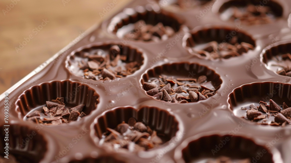 Poster a tray filled with an assortment of delicious chocolates in various sizes and flavors, creating a te