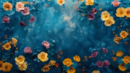 Fototapeta na wymiar Digital blue and yellow flower fabric abstract graphics poster web page PPT background with generative