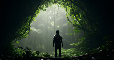 a person standing in the middle of a forest - Powered by Adobe