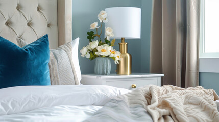 A simple yet sophisticated bedroom with a white marble nightstand and a gold lamp on top. . .