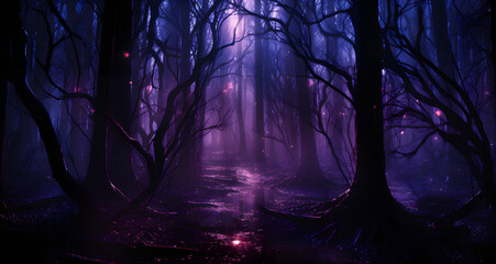 a dark purple colored forest with trees in the foreground