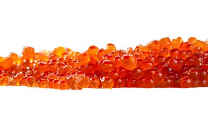 Red salmon caviar in white background. Copy space. Top view. - obrazy, fototapety, plakaty