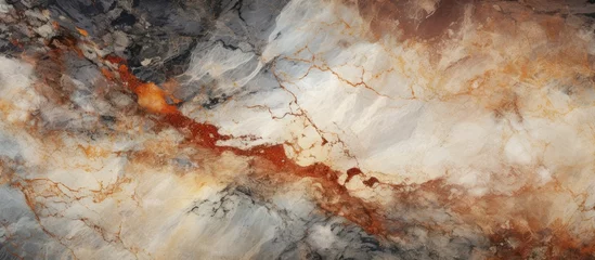 Foto op Plexiglas A detailed closeup of a marble texture with a landscape painting in the background, showcasing the beauty of water, art, wood, soil, and clouds © TheWaterMeloonProjec