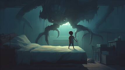 Nightmarish Encounter:A Boy Faces a Colossal Robotic Beast in the Darkened Realm of His Dreamscape