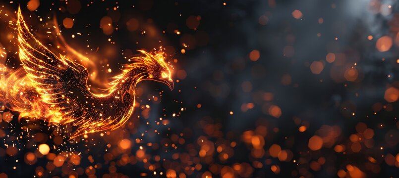 Majestic phoenix firebird in fiery sparkling display on dark background with copy space