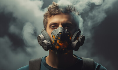 A person in the near future wearing an oxygen mask due to air pollution