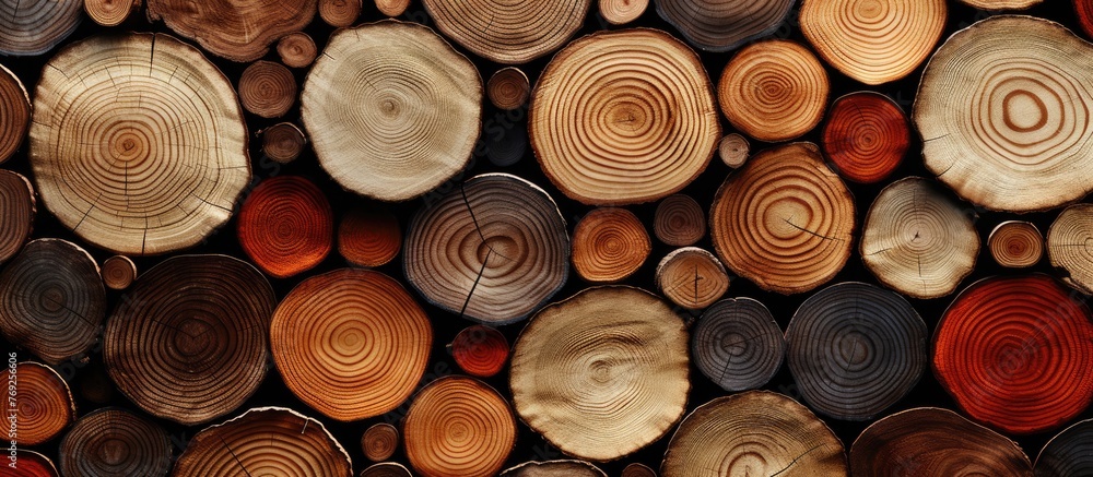 Aufkleber a detailed view of a stack of wood showing various rings and textures, indicating different ages and