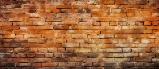 Fototapeta premium A closeup image of a brown brick wall showcasing the intricate patterns of the brickwork. The blurred background creates a peaceful setting with hints of peach tones