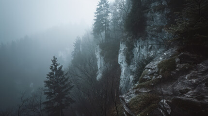 analogue still high angle shot of a foggy cave landscape