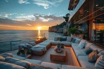 Fototapeta premium Extravagant seafront yacht deck with cozy lounge area against a mesmerizing sunset over the ocean, showing the life of luxury