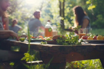 Naklejka na ściany i meble Photograph a family gathering or a group of friends using the eco-friendly tableware, enjoying a meal outdoors, surrounded by nature.