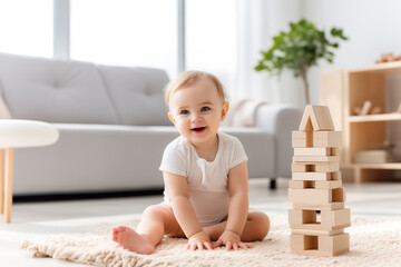 Baby playing with stacking building blocks at home while sitting on carpet in living room.