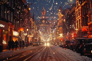 Snowflakes fall on a busy street with illuminated shops and cars, people walking under festive holiday lights