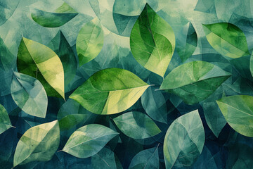 Abstract background, with beautiful green leaves geometric pattern, elegant, muted color tone, watercolor... - obrazy, fototapety, plakaty