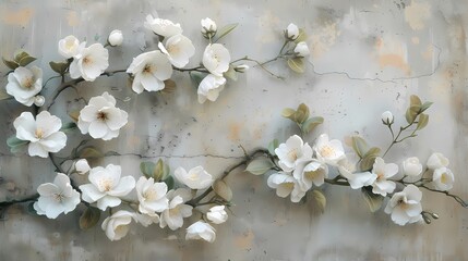 white flowers on a concrete wall poster background