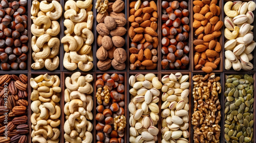 Poster assorted nuts forming a rich and textured natural background in a captivating top view