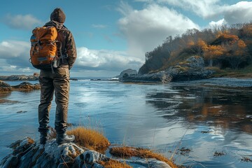 A solitary hiker stands on a rock, gazing at an icy river with mountains in the distance during autumn