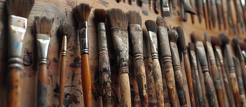 Various sizes of artist brushes displayed on a wall