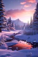 Winter landscape wallpaper with treesn snow and sunset sky