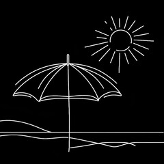 A black and white drawing of an umbrella and sun on a beach.