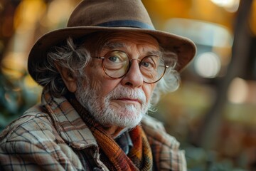 A distinguished older man with glasses and a hat looks off-camera, surrounded by autumn leaves