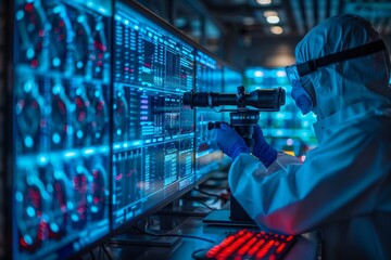 Expert scientist using an advanced microscope to analyze critical data on multiple screens in a tech-driven lab
