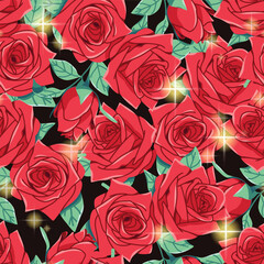 Seamless pattern of red roses and gold sparkles. Modern floral pattern, Vintage floral background, Pattern for design wallpaper, Gift wrap paper and fashion prints.