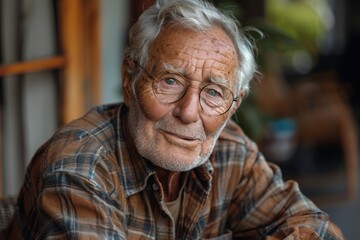 Evocative image highlighting the leisurely moment of an elderly man in a plaid shirt enjoying a cup of coffee