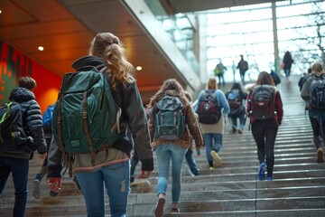 With her green backpack on, a female student ascends the stairs in a busy school hallway filled with students