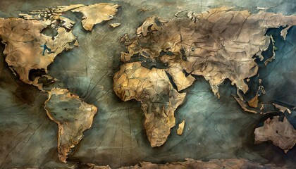 A close-up of an old, weathered world map, focusing on the intricate lines and faded colors