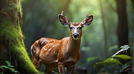 A Black tailed deer in jungle forest background from Generative AI - obrazy, fototapety, plakaty