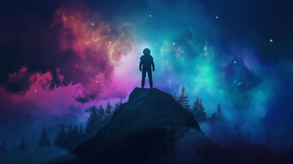 Astronaut is standing on the mountain in the forest seeing view with colorful - obrazy, fototapety, plakaty