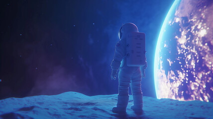 Obraz premium Astronaut on foreign planet in front of spacetime portal light. Science fiction universe exploration. 3D render