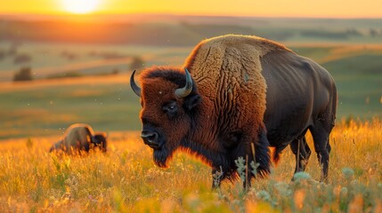 Two bison in a grassland at sunset, under the colorful sky