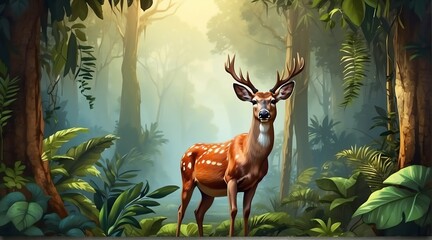 A deer in jungle forest background from Generative AI - obrazy, fototapety, plakaty
