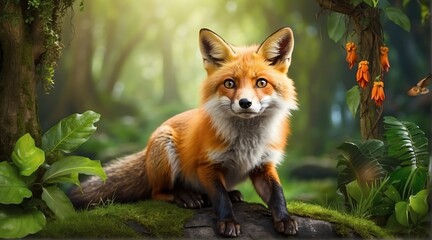Obraz premium A fox in jungle forest background from Generative AI