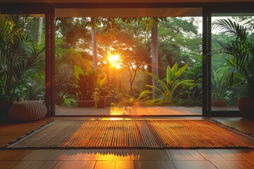 A nature-inspired modern room with large windows revealing a stunning sunrise through a lush forest