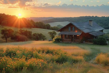 Dawn's golden light bathes a wooden house amidst a field of wildflowers, creating a tranquil scene