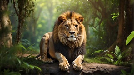 Naklejka na ściany i meble a lion in jungle forest background from Generative AI