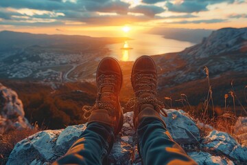 Hiker resting on an elevation with feet dangling over a cliff, framing a beautiful sunset over a landscape