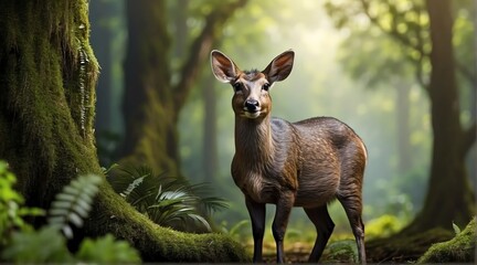 A Musk deer in jungle forest background from Generative AI - obrazy, fototapety, plakaty