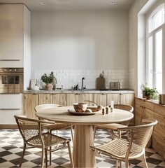 Blank Wall Mockup Enhancing Contemporary Farmhouse Kitchen Interior. Presented in 3D Render. Made with Generative AI Technology