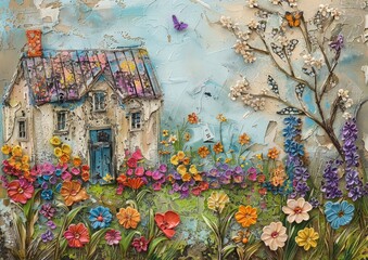Mixed Media Artwork, Collage Painted, Cottage, spring, garden of flowers, textured painting, painterly and whimsical, high quality, cottagecore style