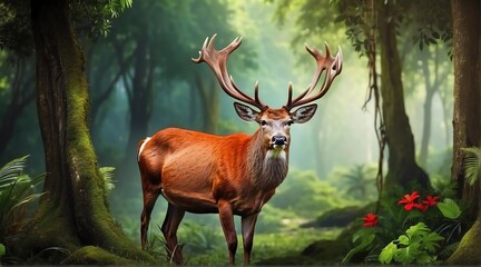 A red deer in jungle forest background from Generative AI